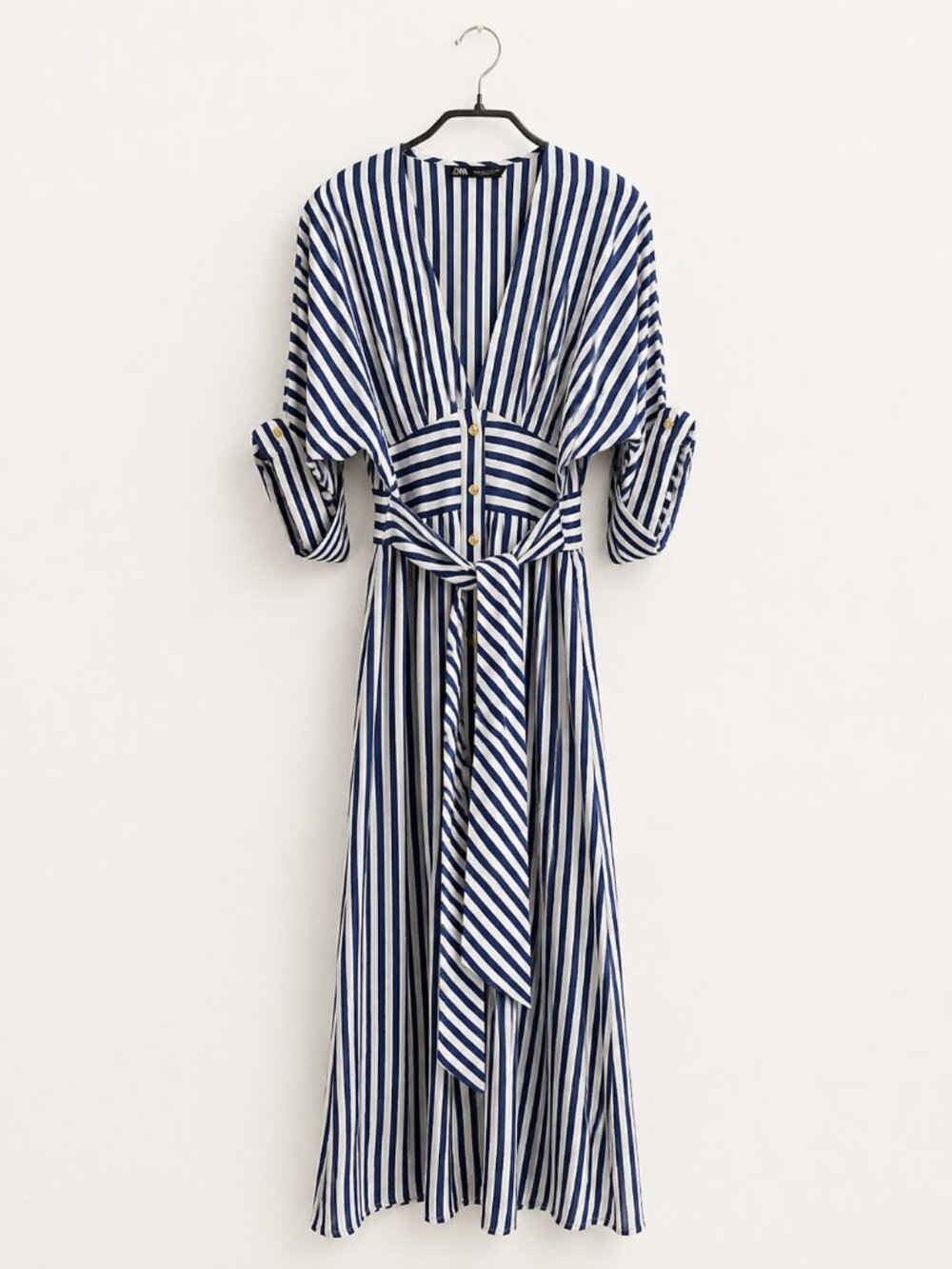 Zara XS Navy & White Striped Linen Blend Midi Shirt Dress -SZ XS